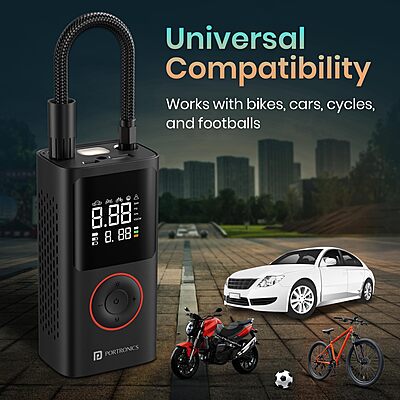 Portronics VAYU 2.0 Tyre Inflator – 6000mAh Portable | Torch |Black | 1 Year Warranty