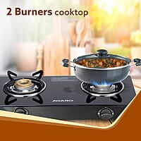 AGARO Elite 2 Burners Gas Stove, Toughened Glass Top, Round Brass Burners, 1 Small & 1 Medium Size Burner