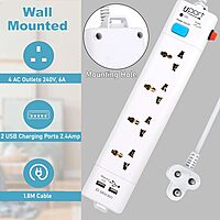Upix Universal Power Strip – 2 USB Ports | Extension Cord with Surge Protection | White