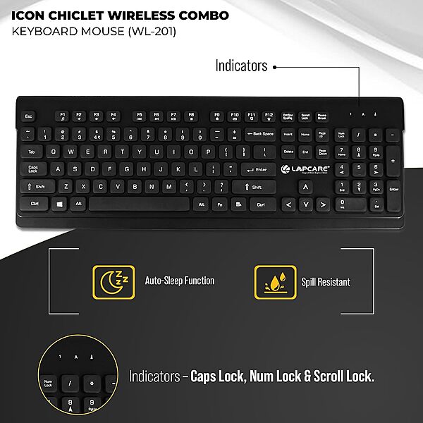 Lapcare WL‑201 Icon Chiclet wireless keyboard: slim chiclet keys, low-profile design, plug‑and‑play USB nano receiver & long battery life.