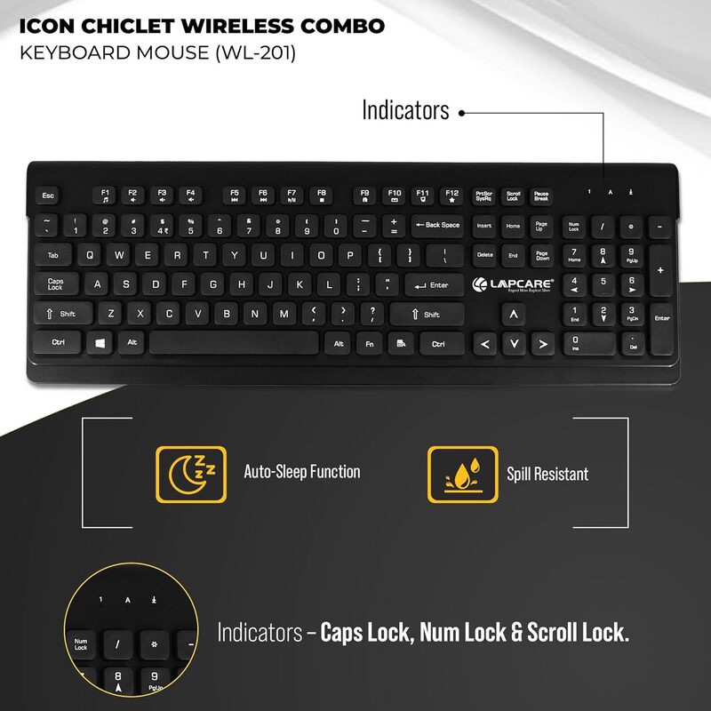 Lapcare WL‑201 Icon Chiclet wireless keyboard: slim chiclet keys, low-profile design, plug‑and‑play USB nano receiver & long battery life.