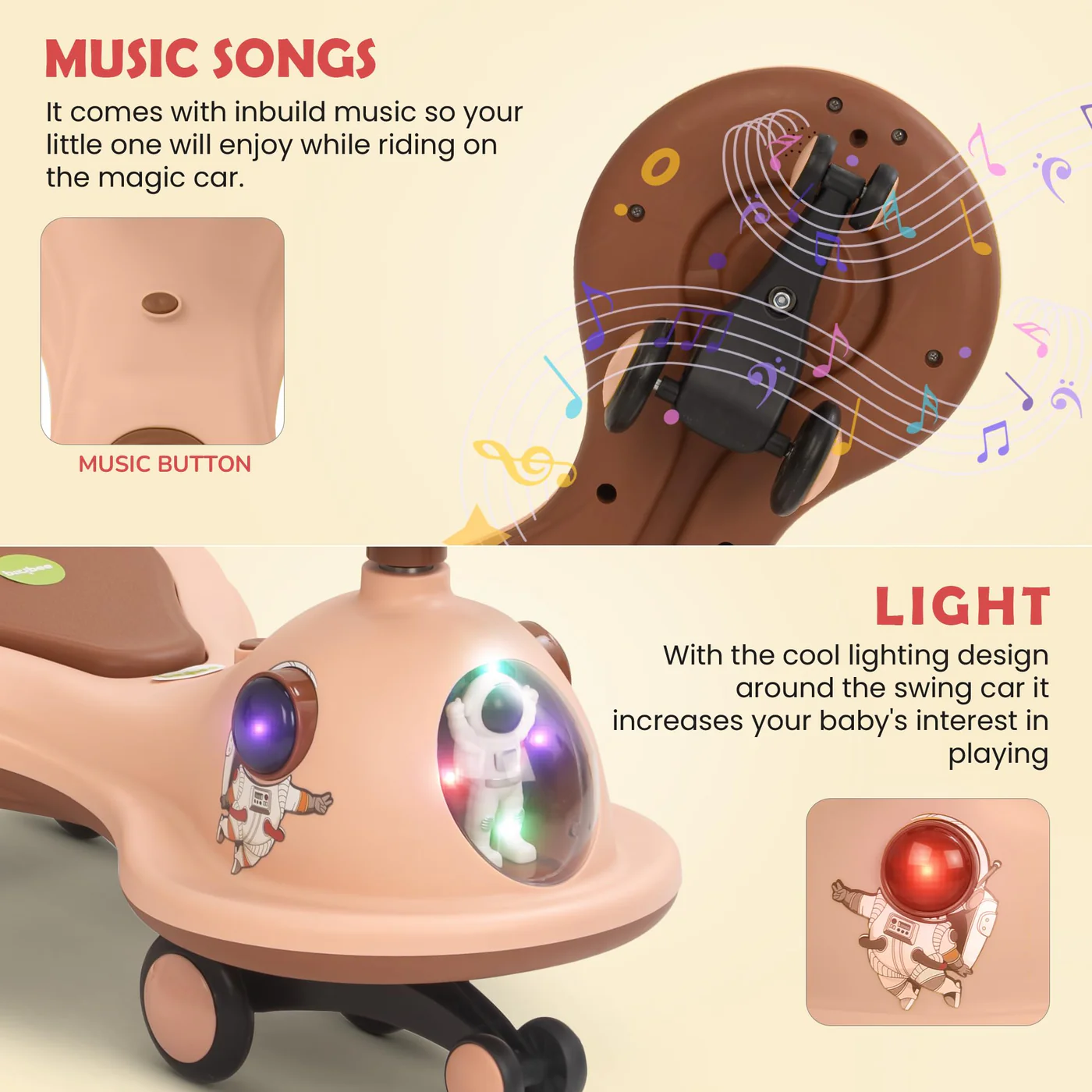 Baybee Astro Baby Swing Car for Kids-Light Orange Baybee Astro Baby Swing Car for Kids-Light Orange