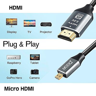 UPORT Micro HDMI to HDMI Cable 1.8M supports 4K resolution, ensuring high-quality video and audio transmission. Perfect for connecting devices like cameras, tablets, and laptops to TVs or monitors.