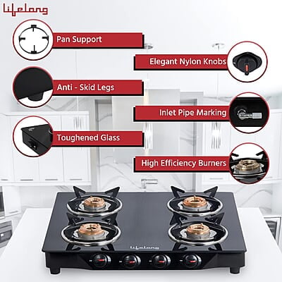 Lifelong Glass Top Gas Stove, 4 Burner Gas Stove, Black (ISI Certified,1 year warranty with Doorstep Service)