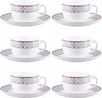 La Opala Diva, Sovrana Collection, Opal Glass Cup & Saucer Set 12 pcs, Moroccan Pink, White