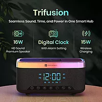 Portronics Trifusion 16W Bluetooth Speaker – HD Sound | 15W Wireless Charging | 360° RGB LED Lights | Digital Clock with Alarm | USB/SD Card/AUX | Type-C Charging | Black