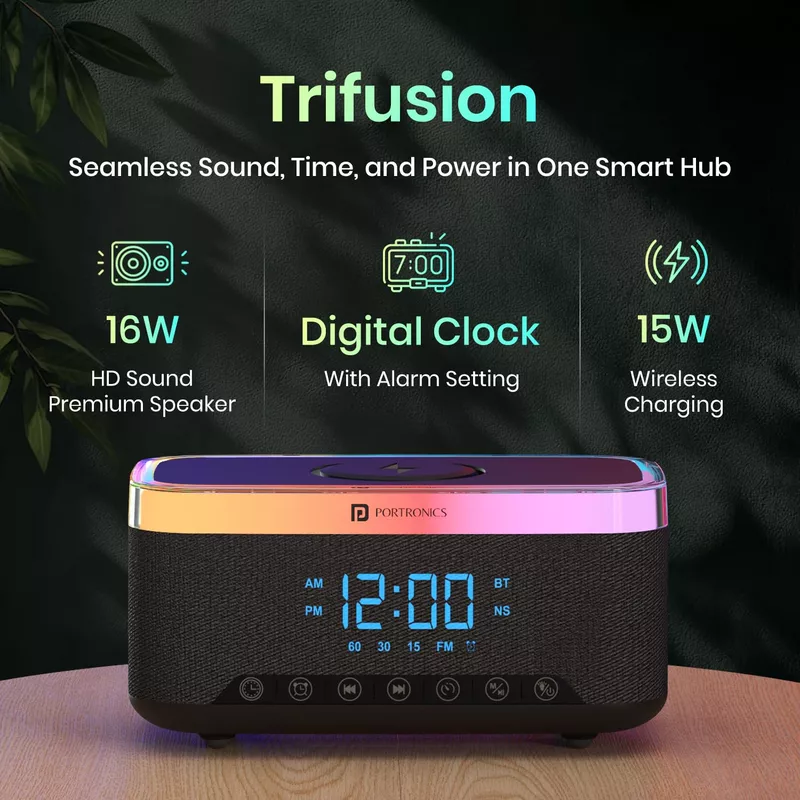 Portronics Trifusion 16W Bluetooth Speaker – HD Sound | 15W Wireless Charging | 360° RGB LED Lights | Digital Clock with Alarm | USB/SD Card/AUX | Type-C Charging | Black