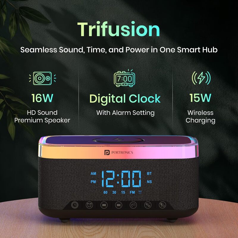 Portronics Trifusion 16W Bluetooth Speaker – 15W Wireless Charging | RGB LED Lights | Black