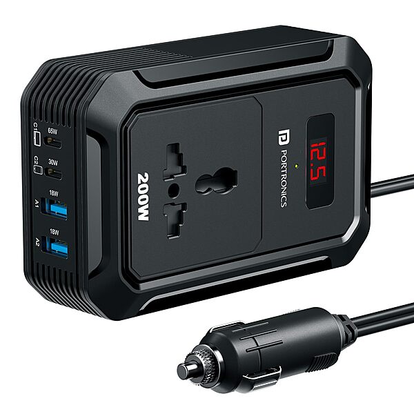 Portronics Car Power III Pro 200W Inverter – 65W & 30W Type-C PD, AC Socket | Black