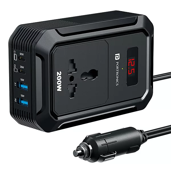 Portronics Car Power III Pro 200W Inverter – 65W & 30W Type-C PD, AC Socket | Black