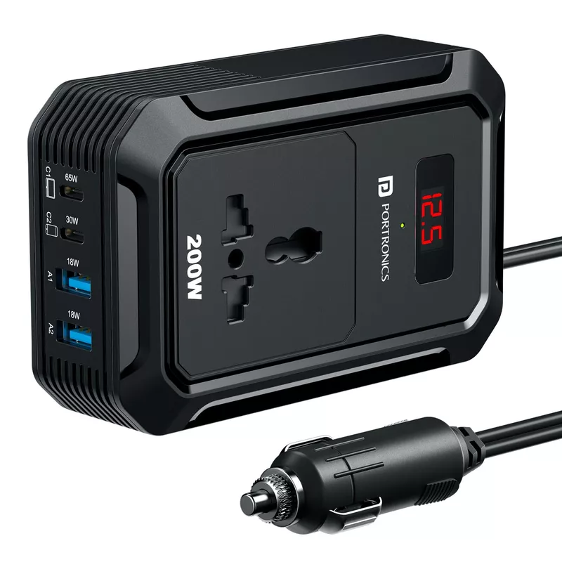 Portronics Car Power III Pro 200W Inverter – 65W & 30W Type-C PD, AC Socket | Black