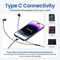 Ambrane Type C Wired Earphones with in-line Mic for Clear Calling, 1.2M Cable, 10mm Dynamic Drivers for BoostedBass, Control Buttons for iPhone 15, Samsung & Type C Devices Stringz 04