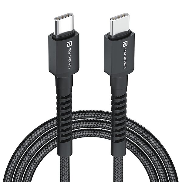 Portronics Konnect X – 60W USB-C to USB-C Cable, 1M Black, fast charging, durable design, high-speed data transfer, compatible with various devices, perfect for home and office use.