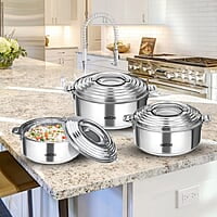 MILTON Galaxia Double Walled Stainless Steel Casserole, Set of 3, (1.2 Litre, 2.09 Litre, 2.45 Litre), Silver