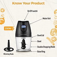 KENT Electric Chopper-B for Kitchen 250 Watt | Chop, Mince, Puree, Whisk, 400 ml Capacity | Stainless Steel Double Chopping Blades | Transparent Chopping Bowl | Anti-Skid | One Touch Operation | Black