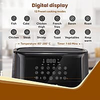 AGARO Elegant Air Fryer, 6.5L, 12 Preset Cooking Modes, 360 Degrees Air Circulation With Variable Temperature Settings, Frying, Grilling, Toasting, Roasting, 1800W, Black