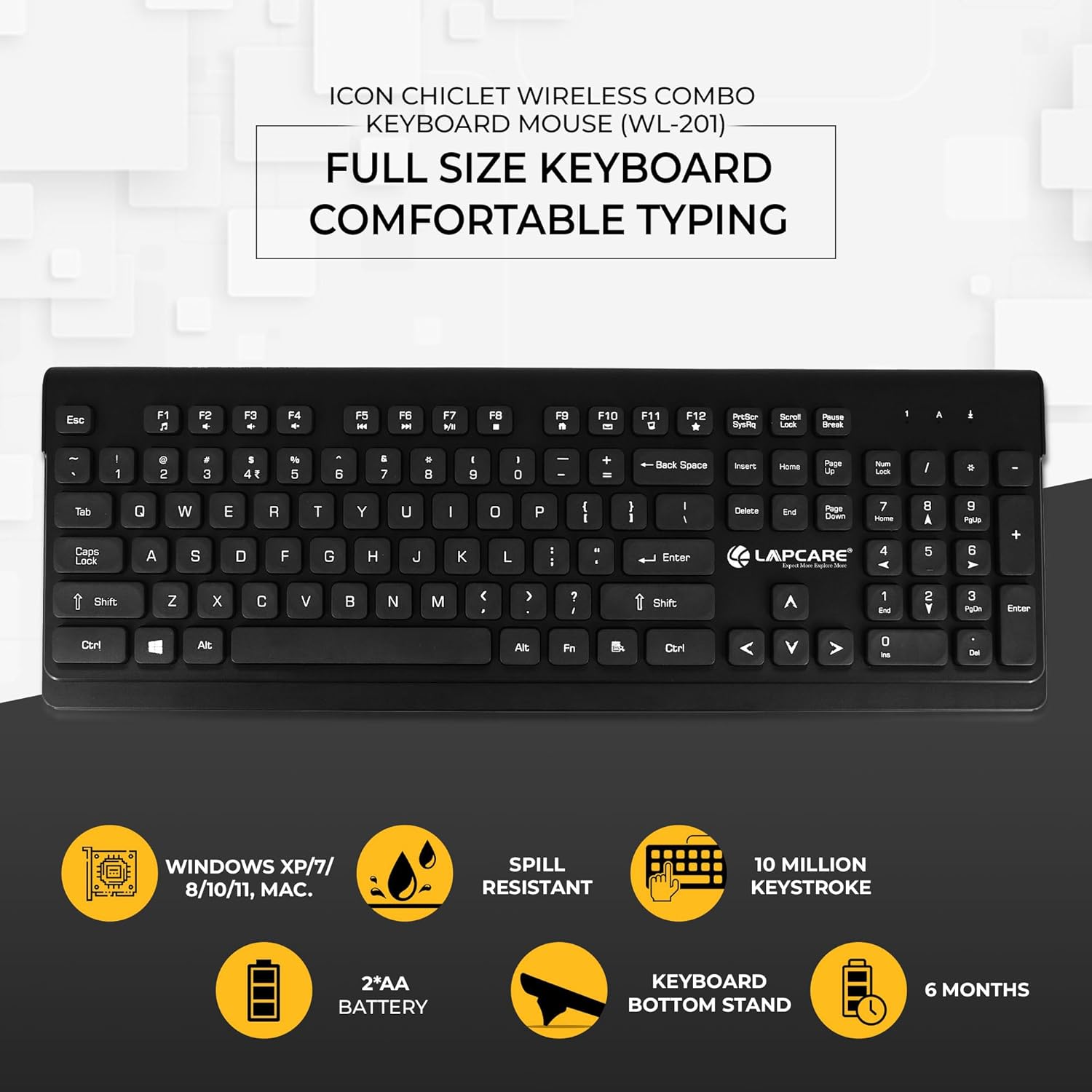 Lapcare WL‑201 Icon Chiclet wireless keyboard: slim chiclet keys, low-profile design, plug‑and‑play USB nano receiver & long battery life.