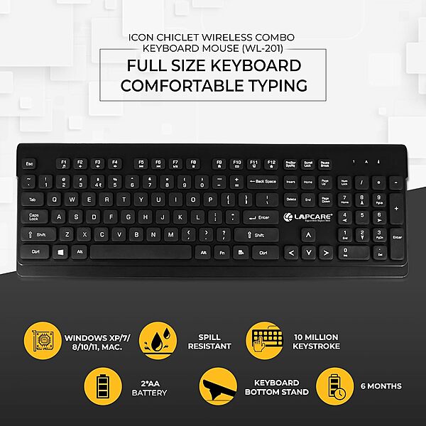 Lapcare WL‑201 Icon Chiclet wireless keyboard: slim chiclet keys, low-profile design, plug‑and‑play USB nano receiver & long battery life.