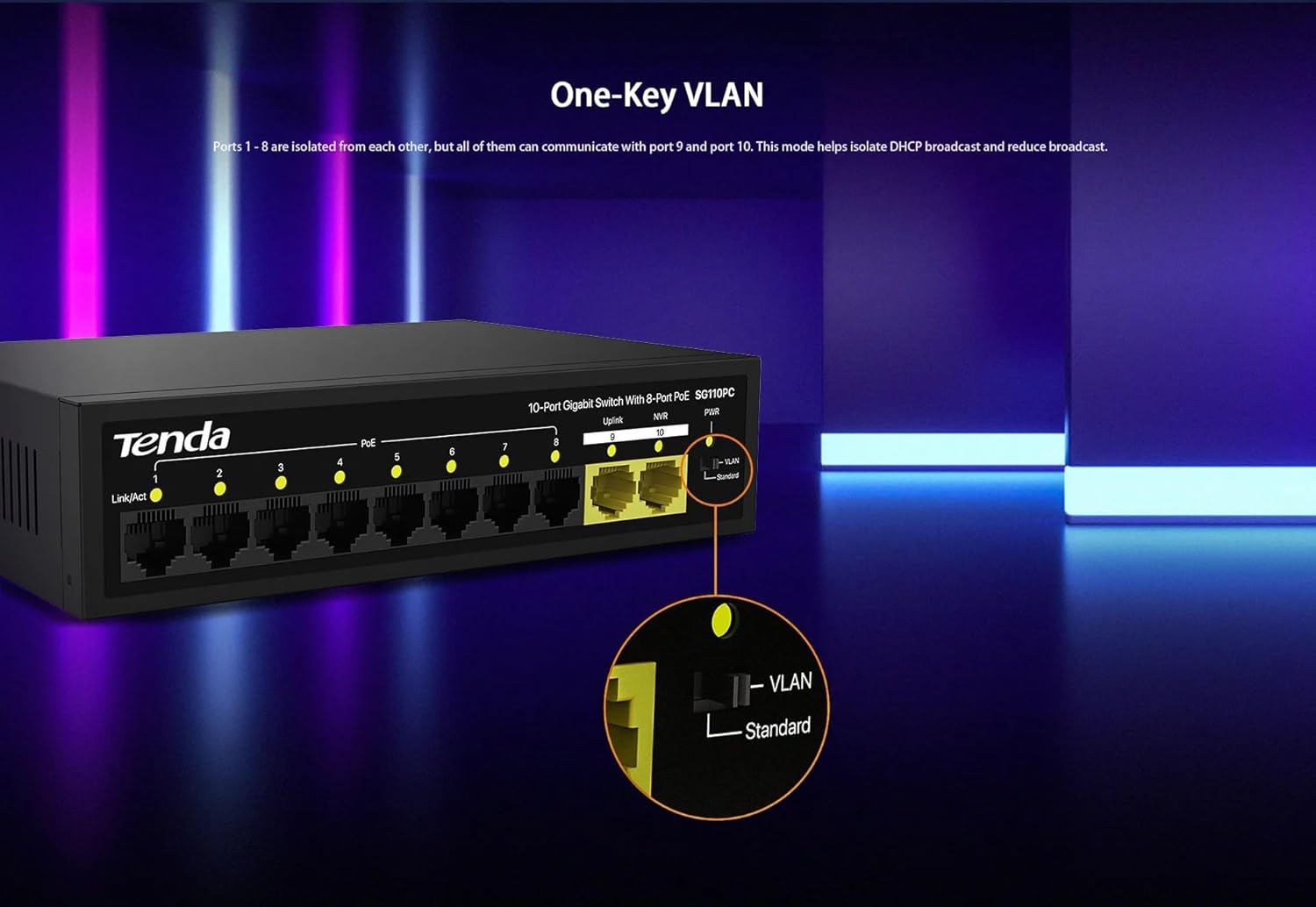 Tenda SG110PC 10-Port Gigabit Lite PoE Switch with 8-Port PoE (Black) Tenda SG110PC 10-Port Gigabit Lite PoE Switch with 8-Port PoE (Black)