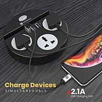 Portronics Power Plate 5 Black features 5 USB ports for charging multiple devices simultaneously. Its sleek design includes a holder for convenience, making it perfect for home or office use.