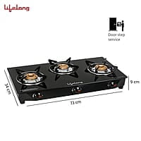 Lifelong 3 Burner Gas Stove Top for Kitchen - Manual Ignition Cooktop Modern Glass Stove for Modular Kitchen, ISI Certified