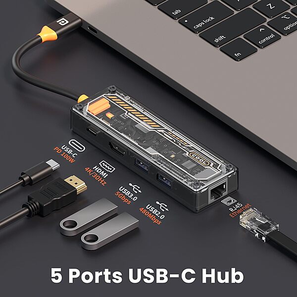Portronics MPort View One – 5-in-1 USB-C Hub, 4K HDMI, USB 3.0, SD/TF Card Reader, Compact Design, Ideal for Laptops, Supports High-Speed Data Transfer, Plug and Play, Lightweight and Portable.
