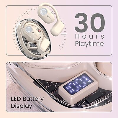 Portronics Twins 30 – OWS Earbuds, 30H Playtime, Beige. Enjoy seamless connectivity, rich sound quality, and a comfortable fit for all-day listening. Perfect for music lovers on the go!