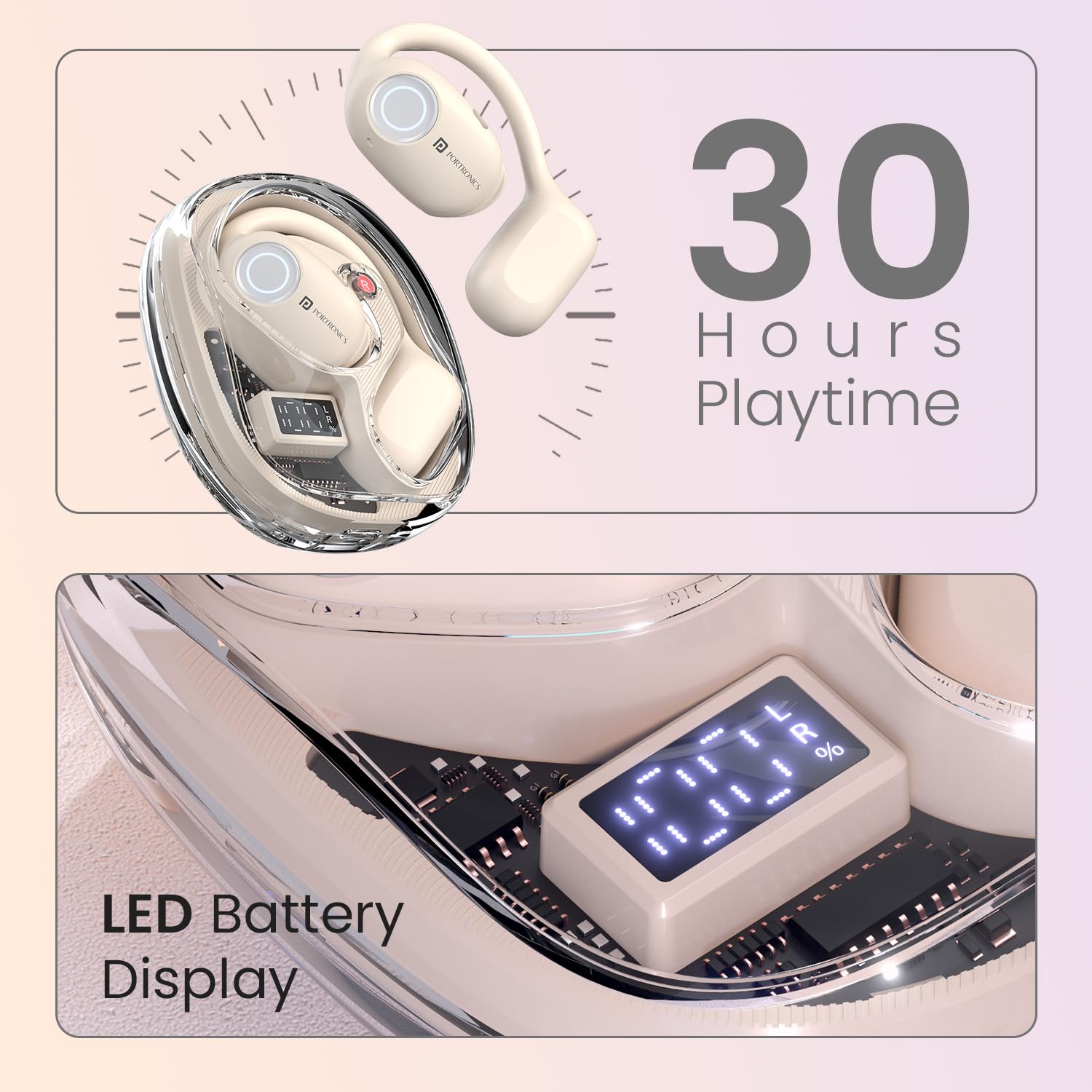 Portronics Twins 30 – OWS Earbuds, 30H Playtime, Beige. Enjoy seamless connectivity, rich sound quality, and a comfortable fit for all-day listening. Perfect for music lovers on the go!