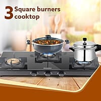 AGARO Regency 3 Burners Gas Stove, Toughened Glass Top, Brass Burners, 1 Small, 1 Medium & 1 Big Size Burner
