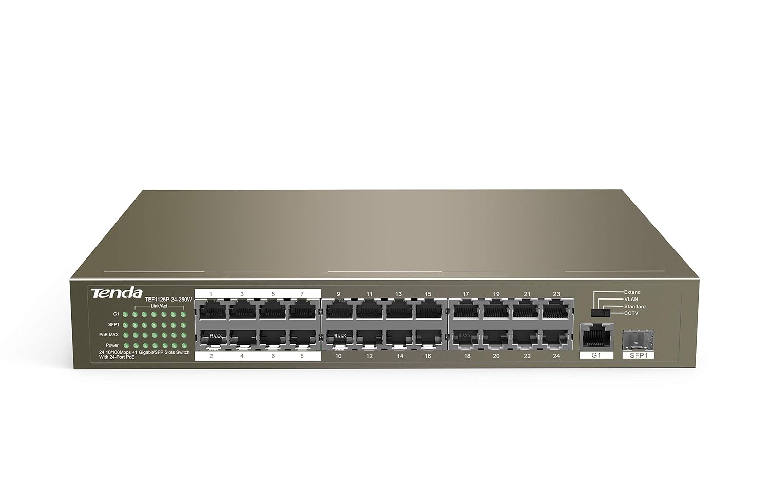 Tenda TEF1126P-24-250W 24-Port PoE Switch, 1 GE + 1 SFP Port Network Switch
