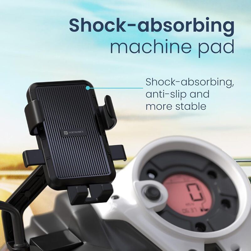 Portronics Mobike 5 – A versatile scooter phone holder designed for secure mirror mounting. Perfect for navigation on the go, it ensures your phone stays in view while riding safely.