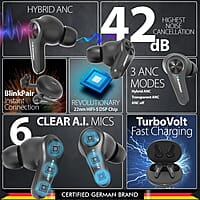 Blaupunkt Newly Launched BTW300 PLATINUM Hybrid ANC Moksha in Ear Earbuds with 42dB I 6 Mics CRISPR ENC I Blink Pair Tech I Ambient Mode Noise Cancelling I TurboVolt Fast Charging