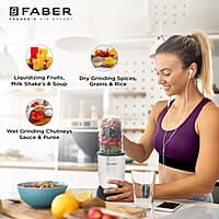 Faber 2-In-1 Sportz Blender Smoothie & Grinding Jar 400 Watts 1 Sipper Cap & 3 Lids, 2 Spill Proof Jars