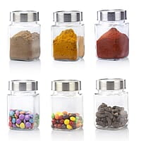 AGARO Elegant Cube Jar 310 ml, Steel Lid, Storage Glass Container Pack of 6