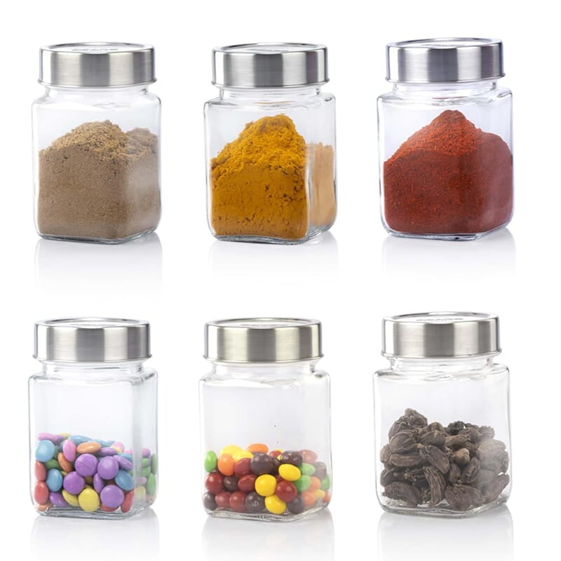AGARO Elegant Cube Jar 310 ml, Steel Lid, Storage Glass Container Pack of 6