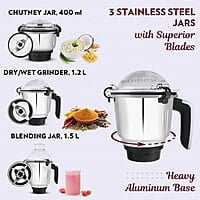 Borosil Grande 1000 W Mixer Grinder, With Double Ball Bearings, 4 Jars (3 SS Jars (1.5 L Blending Jar, 1.2 L Dry/Wet Grinder, 400 ml Chutney Jar) & 1 PC Jar with Fruit Filter) Mixie For Kitchen