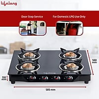 Lifelong Glass Top Gas Stove, 4 Burner Gas Stove, Black (ISI Certified,1 year warranty with Doorstep Service)