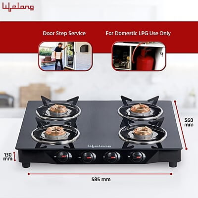 Lifelong Glass Top Gas Stove, 4 Burner Gas Stove, Black (ISI Certified,1 year warranty with Doorstep Service)
