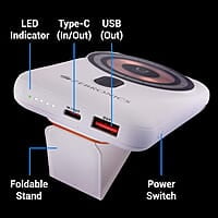 ZEBRONICS MW62 Wireless Power Bank, 10000 mAh, Rapid Charge, Built-in Wireless Charging Pad, Outputs - 22W Wired | 15W Wireless, Type C I/O | USB Output, Built-in Foldable Stand