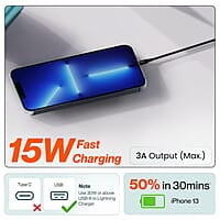 Ambrane USB to Lightning 3A Fast Charging Braided Cable Compatible for iPhone 14,13, 12,11, X, 8, 7, 6, 5, iPad, Macbook, iMac, AirPods, 480Mbps Data Sync, 1.5Meter Long (RCL -15