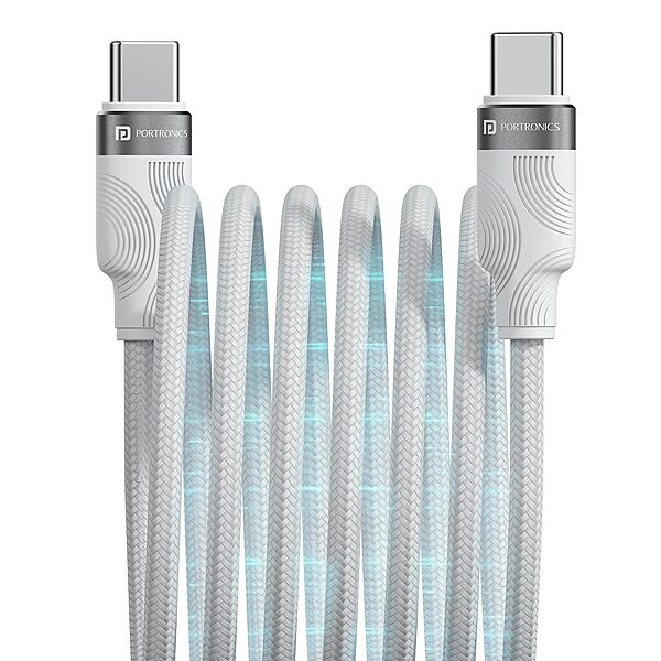 Portronics Maglink C – 60W Type-C Coiled Cable, White. Durable, flexible design for fast charging and data transfer. Ideal for travel, compatible with various devices. Tangle-free and efficient.
