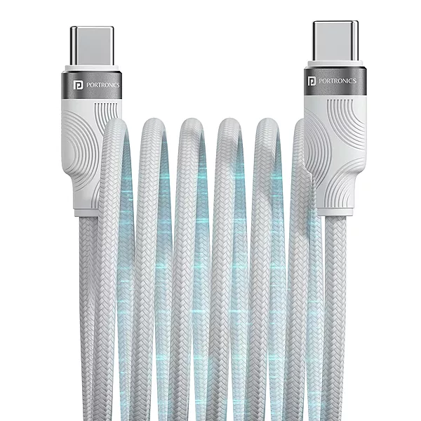 Portronics Maglink C – 60W Type-C Coiled Cable, White. Durable, flexible design for fast charging and data transfer. Ideal for travel, compatible with various devices. Tangle-free and efficient.