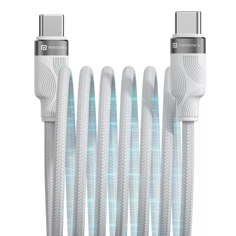Portronics Maglink C – 60W Type-C Coiled Cable, White. Durable, flexible design for fast charging and data transfer. Ideal for travel, compatible with various devices. Tangle-free and efficient.