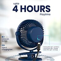 Portronics ClipCool Clip-On Fan – Features an LED ring for stylish illumination, compact design for easy attachment, and powerful airflow. Perfect for personal cooling at home or office.