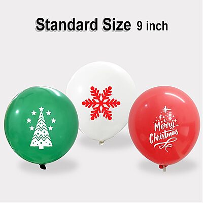 Printed Merry Christmas Latex Balloons Pack of 30 with Snowflakes & Christmas Tree designs, perfect for festive home and office decor, creating a joyful holiday atmosphere.
