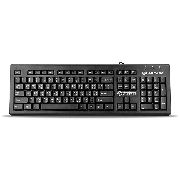 Lapcare LMK‑012 multilingual keyboard: 104 membrane keys, 10 M keystroke life, USB interface, spill‑resistant & rupee key support—ideal for Indian users.