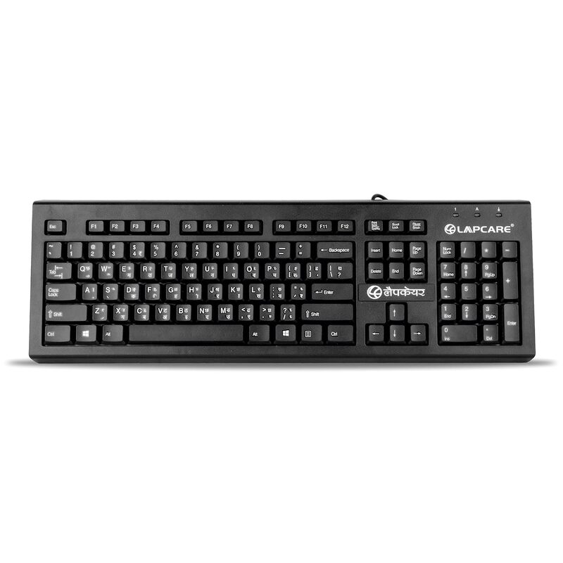 Lapcare LMK‑012 multilingual keyboard: 104 membrane keys, 10 M keystroke life, USB interface, spill‑resistant & rupee key support—ideal for Indian users.