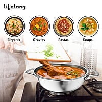 Lifelong Triply Stainless Steel Kadai with Stainless Steel Lid 1.8 L Capacity 22 cm