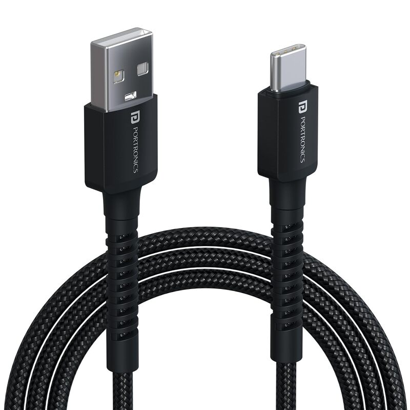 Portronics Konnect X – 3A USB to Type-C Cable, 2M Black, durable and fast charging, perfect for data transfer and charging devices, tangle-free design, compatible with various Type-C devices.