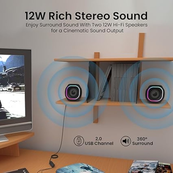 Portronics in Tune 5 12W Portable USB Powered Wired Speaker with Volume Control, 3.5mm AUX in, HD Sound, 2.0 Channel, RGB Lights Controls, Multimedia Speaker for PC, Gaming, Desktop and Laptop(Black) Portronics in Tune 5 12W Portable USB Powered Wired Speaker with Volume Control, 3.5mm AUX in, HD Sound, 2.0 Channel, RGB Lights Controls, Multimedia Speaker for PC, Gaming, Desktop and Laptop(Black)